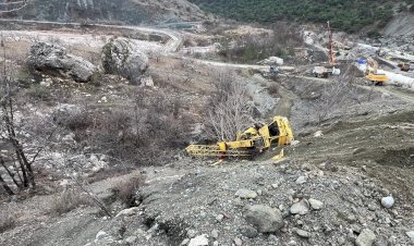 Freni boşalan vinç şarampole devrildi