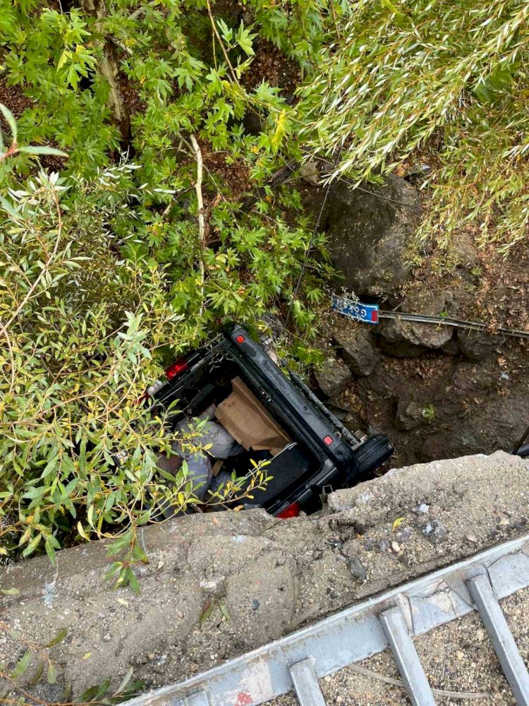 Köprüden uçan otomobil ağaç dallarında asılı kaldı: 2 yaralı ‎